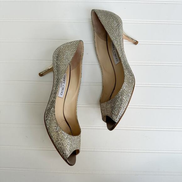 Jimmy Choo Isabel Champagne Glitter Peep Toe Pumps 38.5 Bridal Wedding Heel - Picture 3 of 12
